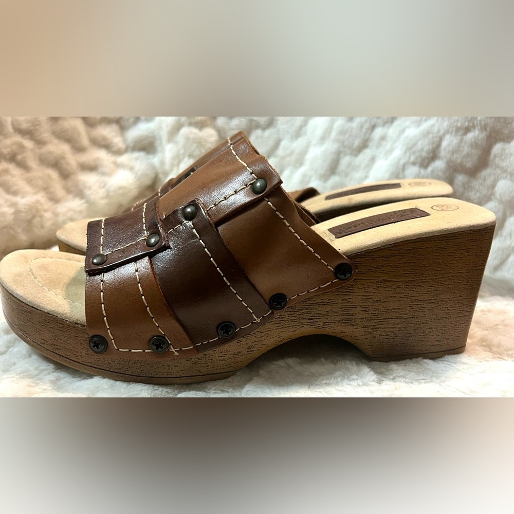 LOWER EAST SIDE Brown Leather chunky block Mule Clog women’s size 8.5 - Picture 3 of 10